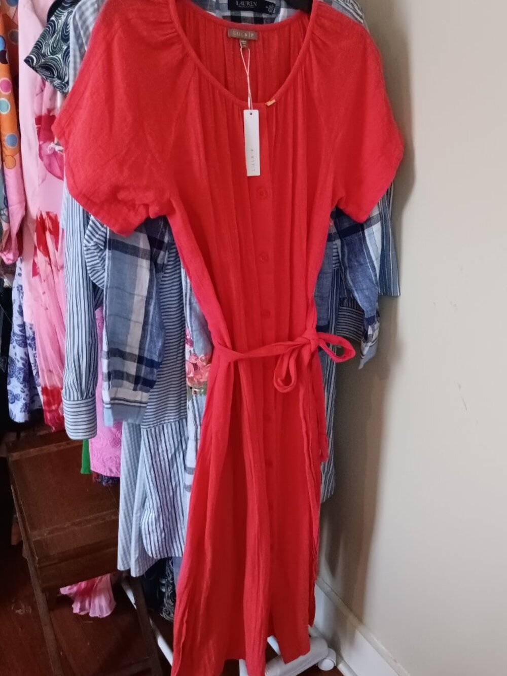 NWT Lilla P Rich Coral Cotton Button Front Maxi Shift Size XS